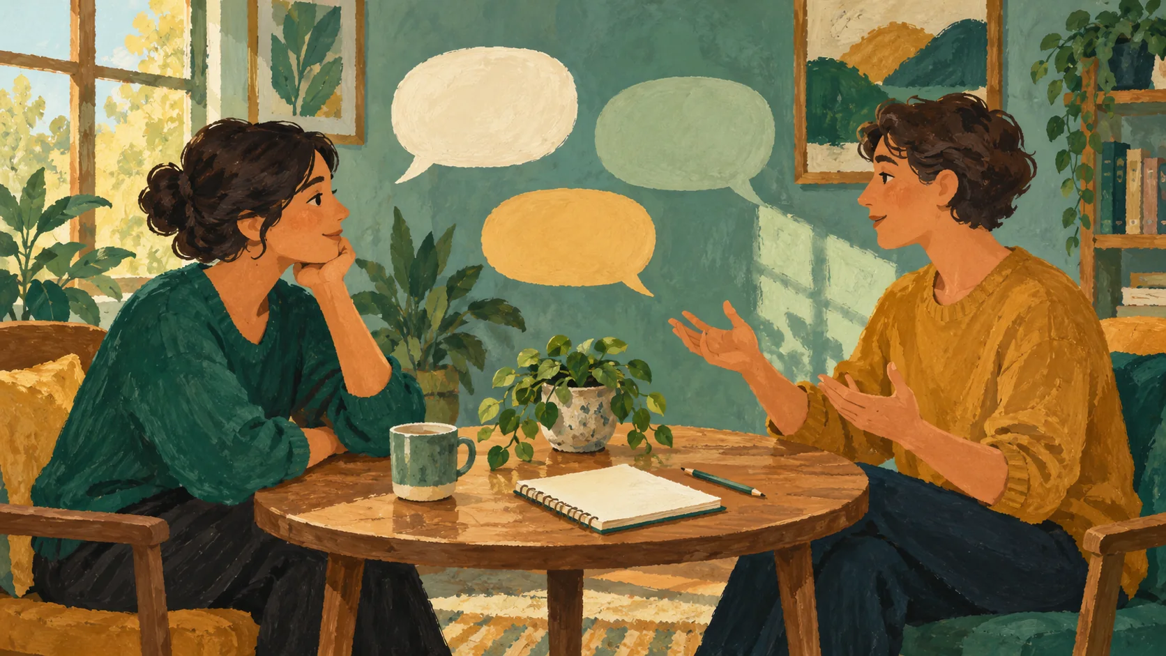 Illustration de deux personnes discutant calmement d’une question autour d’une table