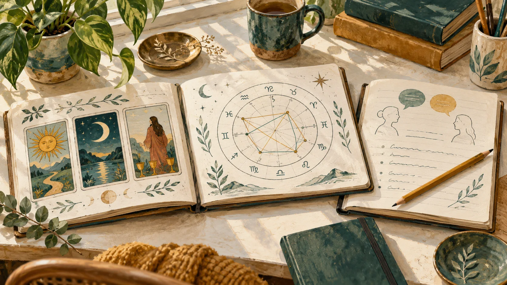 Illustration comparant des cartes de tarot, un thème astral et des notes de conversation